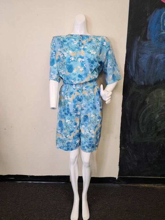 Vintage Shorts Set Abstract Blue Floral Print