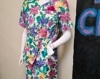 Vintage Floral Multi Color Skirt Two Piece Suit Size 14