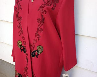 Vintage Red Embroidered Paisley Three Piece Skirt Suit Size 20