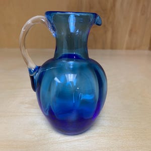 Vintage Antique MCM Hand Blown Blue Clear Glass Small Creamer Pitcher Vase Approximately 4 Inches Tall
