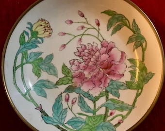 Vintage Horchow Japans porseleinen ondiepe kom ingekapseld in messing roze pioenoranje olifanten bloemen met libel set van drie 3