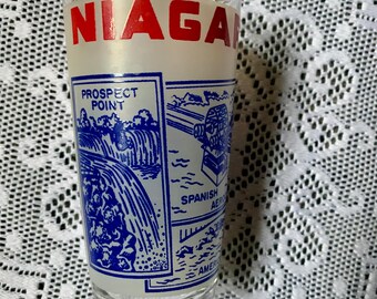 Vintage MCM Antique Niagara Falls Souvenir Glass Frosted White Blue Graphics Hazel Atlas Kitsch