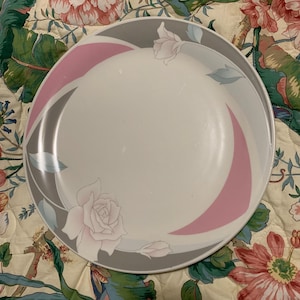 Ciera Fine Dinnerware 12 inch serveerschaal schotel roze roos grijze rand vintage jaren 80