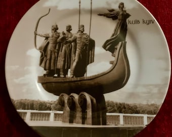 Vintage Gründer von Kyiv Monument Souvenir Teller Braun & Weiß