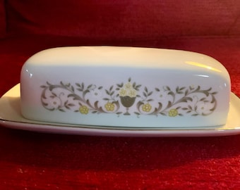 Vintage MCM Sterling Fine China Porcelain Florentine Pattern Butter Dish White w Yellow Flowers Floral
