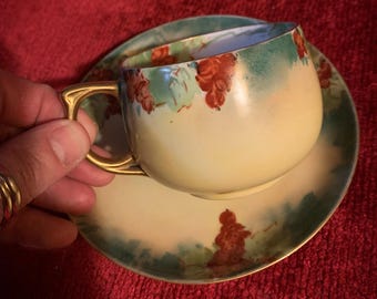 Juego de taza de té vintage de porcelana pintada a mano con hojas y ribete dorado MCM