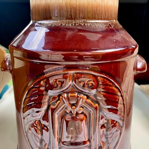 Vintage McCoy keramisch aardewerk bruin druppelglazuur 1976 Liberty Bell koektrommel melkkan Bicentennial boerderij