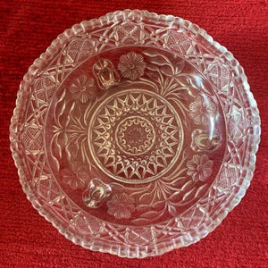 Vintage Antique Clear Pressed Glass Footed Floral Candy Dish Decorative Bowl EAPG Scalloped Edge