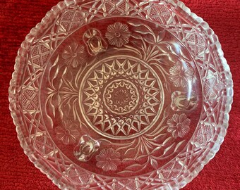 Vintage Antique Clear Pressed Glass Footed Floral Candy Dish Decorative Bowl EAPG Scalloped Edge