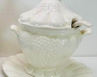 Vintage California Pottery White Soup Tureen Platter & Ladle w Grapes Pattern MCM Antique