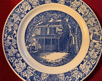 Indiana Sesquicentennial Delft Blue First Capitol Plate Vincennes 1950 Tulip Tree Leaves Cardinal Border Flag 10 Inches in Diameter MCM