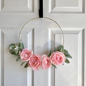 Lambs Ear wreath for front door, Hoop Ring Wreath, Pink Rose Hoop wreath for front door, Hoop wreath for nursery, Gift for her