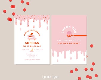 Può includere: Due inviti rosa per una festa di compleanno. La carta anteriore presenta una grafica di un camioncino di gelati rosa e il testo "Join us to celebrate Sophias First Birthday". Il retro dice "Thank you for joining us for Sophias Birthday".