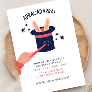 Goochelaar partij uitnodigen en bedankkaart bundel. Magische feestafdrukbare uitnodiging. Thema van het verjaardagsfeestje van de goochelaar. Kinderfeestje met thema magie.