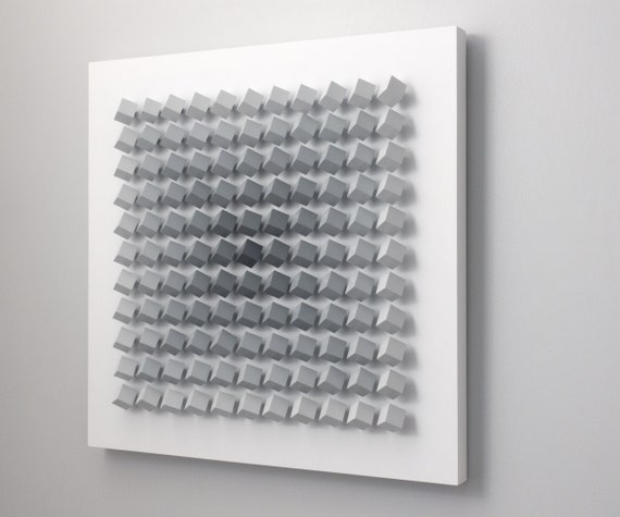 Modern Wall Art Sculpture Block Art Cubist Geometric Grid Pattern Minimalist Gradated Neutral Soft Gray Color Interactive Rotatable Blocks