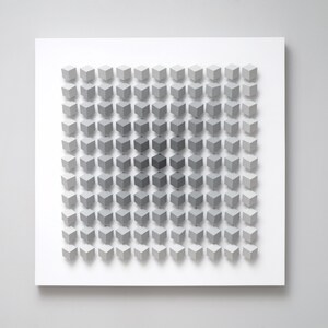 May include: A white square canvas with a grid of 64 gray cubes, each cube is a slightly different shade of gray, creating a gradient effect from light to dark.