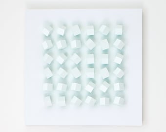 Modern Art Wall Sculpture Block Art Geometric Minimalist Grid Pattern White With Green Color Reflection Rotatable Blocks Changeable Pattern