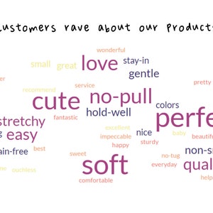 K&ouml;nnte beinhalten: Eine Wortwolke mit dem Text Customers rave about our products oben. Das Bild enth&auml;lt verschiedene beschreibende W&ouml;rter in unterschiedlichen Gr&ouml;&szlig;en und Farben, darunter love, cute, no-pull, perfect, soft, stretchy, easy und quality.