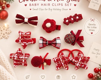 May include: A set of Christmas and New Year baby hair clips featuring various red and white designs including bows, stars, flowers, and pom-poms. The collection includes textured fabric clips and hair ties with plaid, tweed, and solid red patterns.