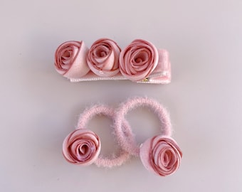 Set of 3 Dainty Rose Baby Hair Ties and Baby Hair Clip, Toddler Hair Ties, Baby Hair Bows, Baby Hair Accessories, Toddler Hair Accessories