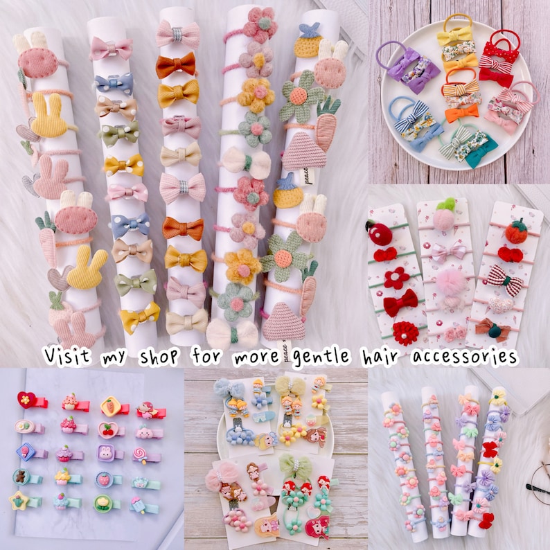 May include: Assortment of colorful hair accessories, including scrunchies, hair clips, and barrettes. The accessories feature various designs, such as flowers, bows, and cartoon characters. The text "Visit my shop for more gentle hair accessories" is visible in the image.
