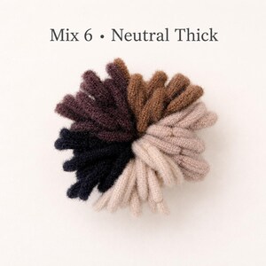 K&ouml;nnte beinhalten: Eine Ansammlung dicker Haargummis, die in einem kreisf&ouml;rmigen Muster angeordnet sind und Farbt&ouml;ne in Schwarz, Dunkelbraun, Mittelbraun, Beige und Hellbraun aufweisen. Der Text 'Mix 6 &bull; Neutral Thick' steht in Dunkelgrau dar&uuml;ber.