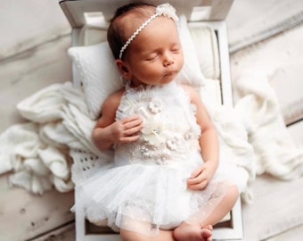 Newborn Romper within Matching Headband, Newborn Photo Outfit Girl, Newborn Girl Photography Outfit, Newborn Photography Prop, Newborn Dress