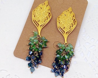 Gradient green drop earrings with golden leaf stud and crystal beads