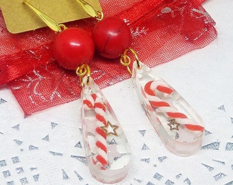 Resin teardrop Christmas earrings, red and white earrings with inclusion of polymer clay candy canes