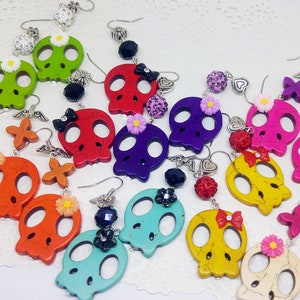 Dia De Los Muertos: Sugar Skull colorful pendant earrings with flowers and crystal beads