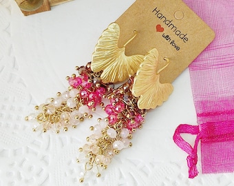 Gradient pink and purple cluster earrings with crystal beads and golden leaves hooks