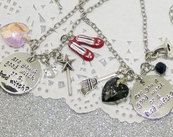 Good Witch or Bad Witch? Chain necklace with engraved pendant, glass and silver charms