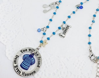 You Will Be Found: Dear Evan Hansen inspired necklace with blue beads rosary chain, hand stamped pendant and charms