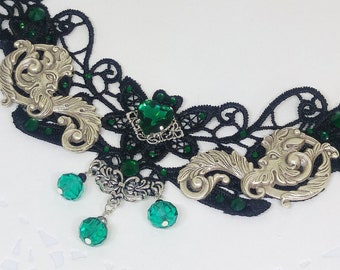 Victorian Gothic black lace choker with green crystals, decorated with art-nouveau style stamped metal figures