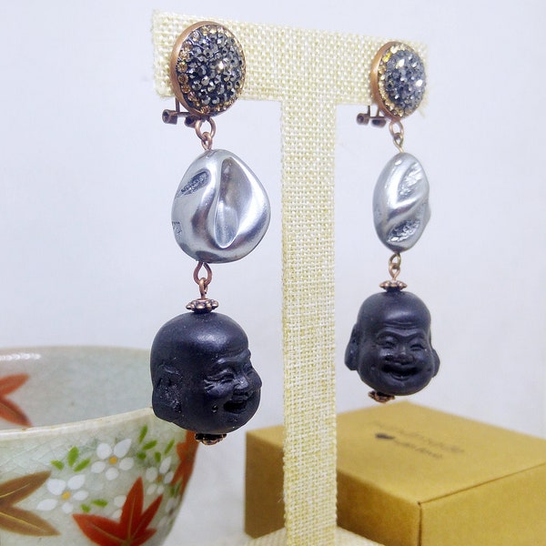 Laughing Buddha elegant earrings with natural pearls and copper tone studs with rhinestone paveè