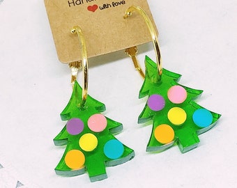 Christmas tree epoxy resin hoop earrings - colorful Xmas jewelry with holographic glitters inclusions