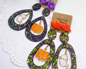 Bouclesd'oreilles Halloween Pour Femmes Bouclesd'oreilles Lumineuses LED Squelette Citrouille Bouclesd'oreilles PendantesAccessoire Bijoux (Orange, One Size