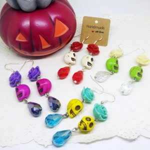 Dia De Los Muertos: Sugar Skull colorful pendant earrings with flowers and crystal beads