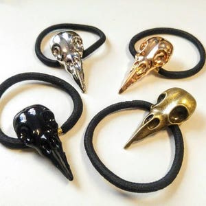 Crow skull hair tie, Goth raven skull ponytail cord