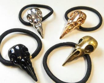 Crow skull hair tie, Goth raven skull ponytail cord