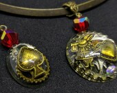 Steampunk Alice in Wonderland - matching resin earrings and necklace - resin pendant with inclusion, pendant with crystal beads