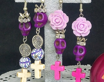Purple Skull drop earrings, Dia de los Muertos style