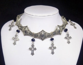 Victorian Gothic metal choker with hollow crosses and black crystal beads, ornate metal necklace, Victorian jewelry, Gothic jewelry