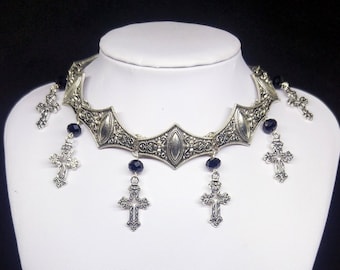 Victorian Gothic metal choker with hollow crosses and black crystal beads, ornate metal necklace, Victorian jewelry, Gothic jewelry