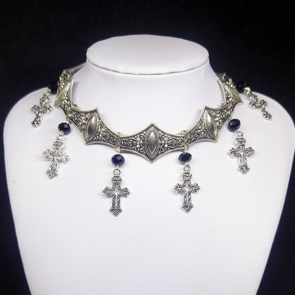 Victorian Gothic metal choker with hollow crosses and black crystal beads, ornate metal necklace, Victorian jewelry, Gothic jewelry