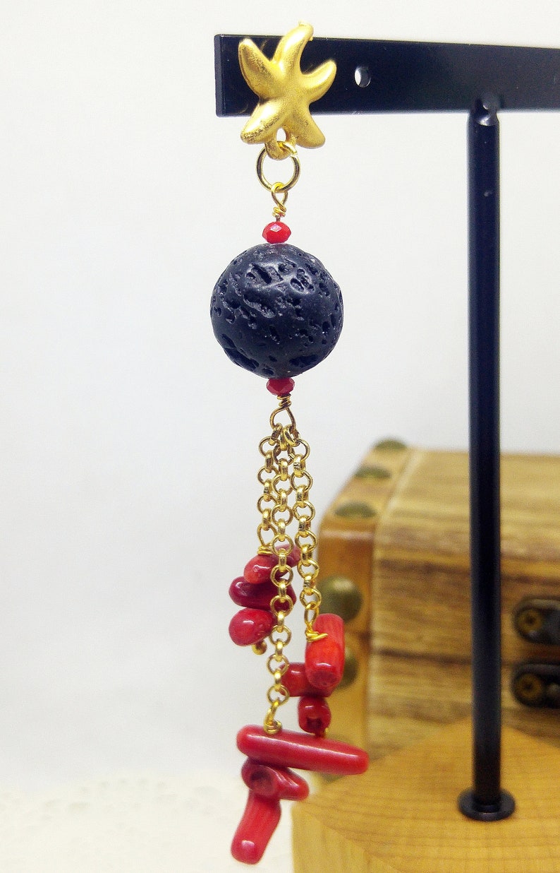 Golden starfishes long earrings with red coral and lava stone black beads