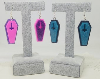 Coffin pendant earrings, pastel goth, made in resin with glitters galaxy effect
