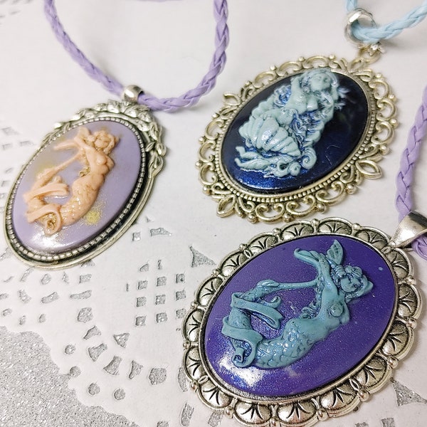 Blue, purple and pink resin cameo with hand-painted old style Mermaid, cabochon pendant with woven eco-leather choker