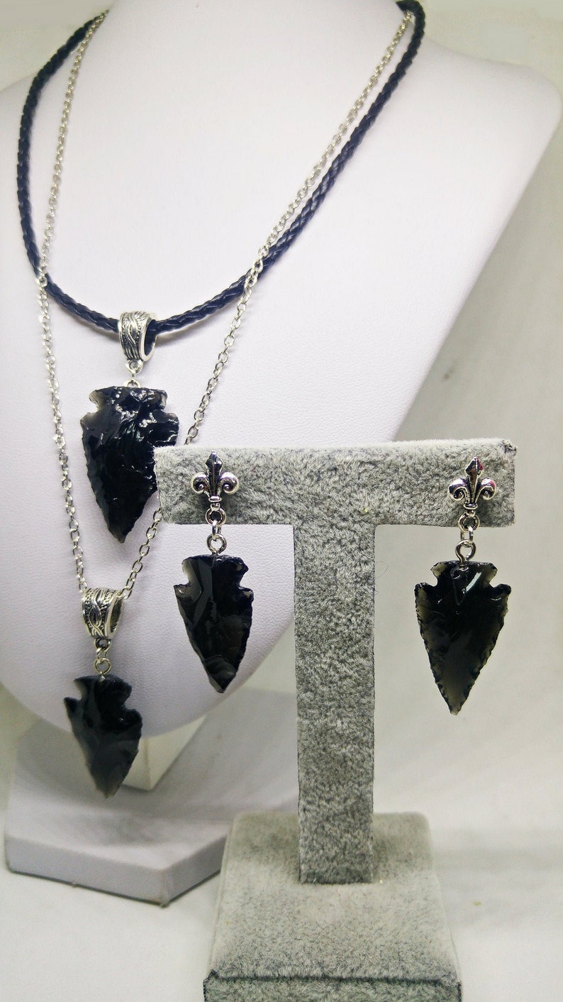 Black obsidian arrowhead necklace and earrings - Game of Thrones inspired Dragon Glass jewelry 