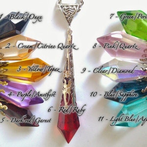 May include: A close-up of eleven crystal pendants, each with a different color and gemstone name. The pendants are attached to a silver chain and have a decorative gold metal setting. The colors include black, cream, yellow, purple, dark red, red, green, pink, clear, blue, and light blue.